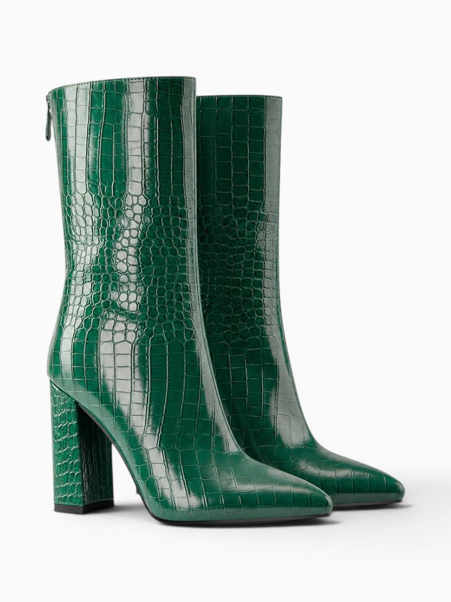 Amara Shoes Pointed Toe Croc Pattern Heeled Ankle Boots