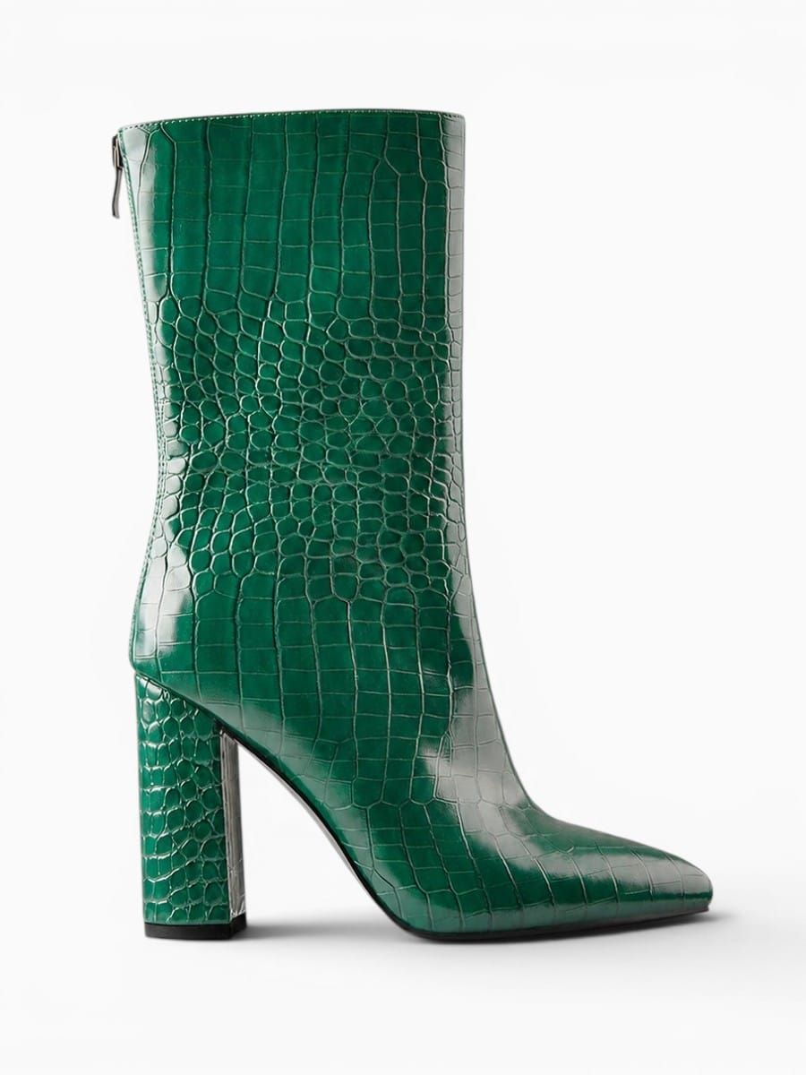 Amara Shoes Pointed Toe Croc Pattern Heeled Ankle Boots