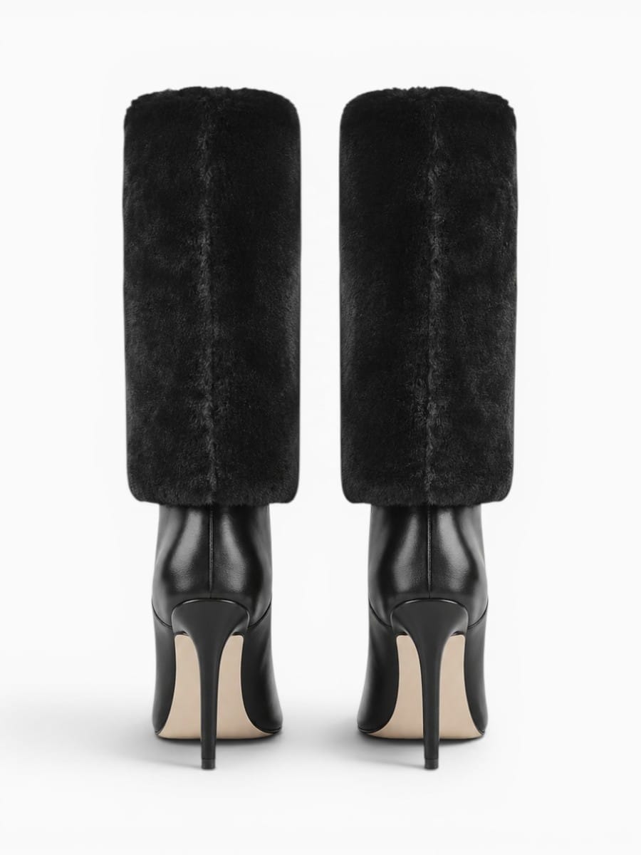 Amara Shoes Pointed Toe Fur Shaft Stiletto Mid Calf Boots