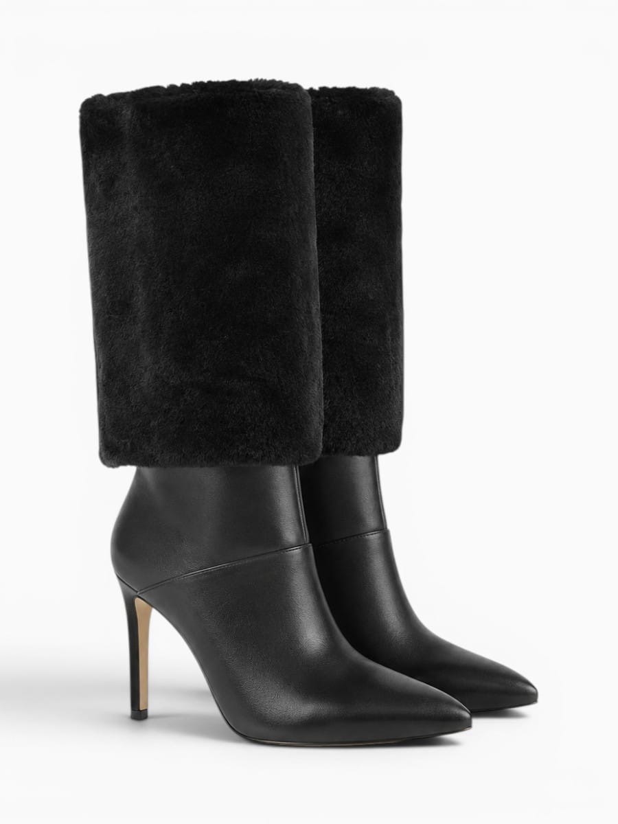 Amara Shoes Pointed Toe Fur Shaft Stiletto Mid Calf Boots