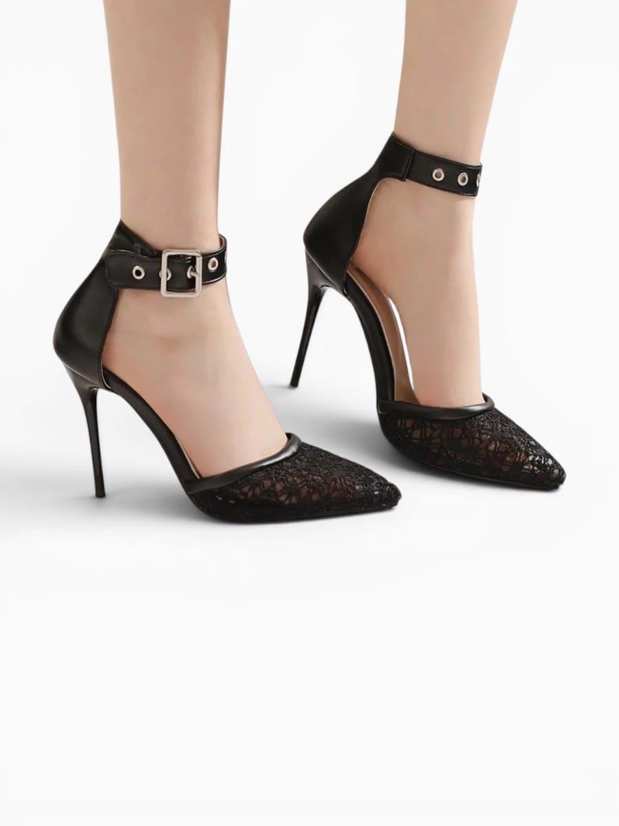 Amara Shoes Pointed Toe Lace Ankle Strap Stiletto Sandals