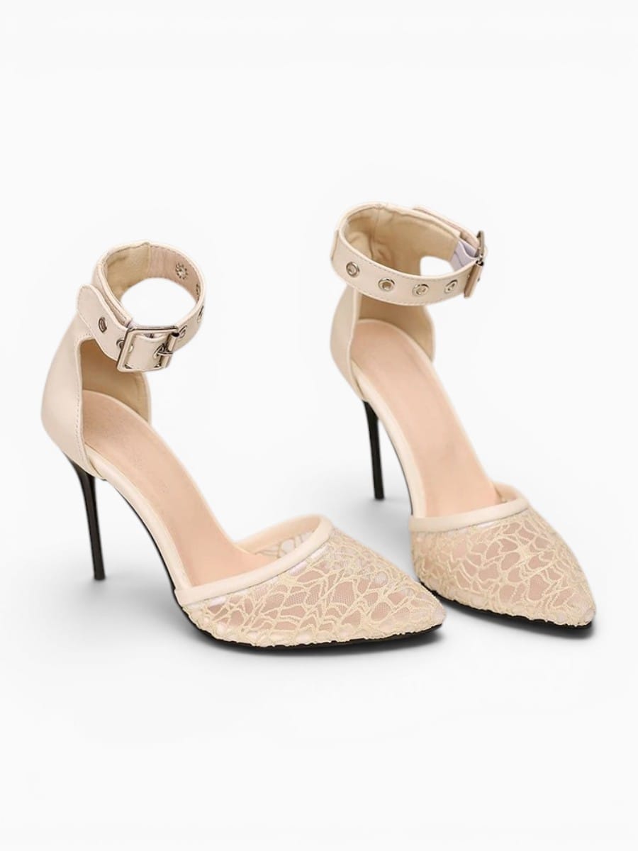 Amara Shoes Pointed Toe Lace Ankle Strap Stiletto Sandals