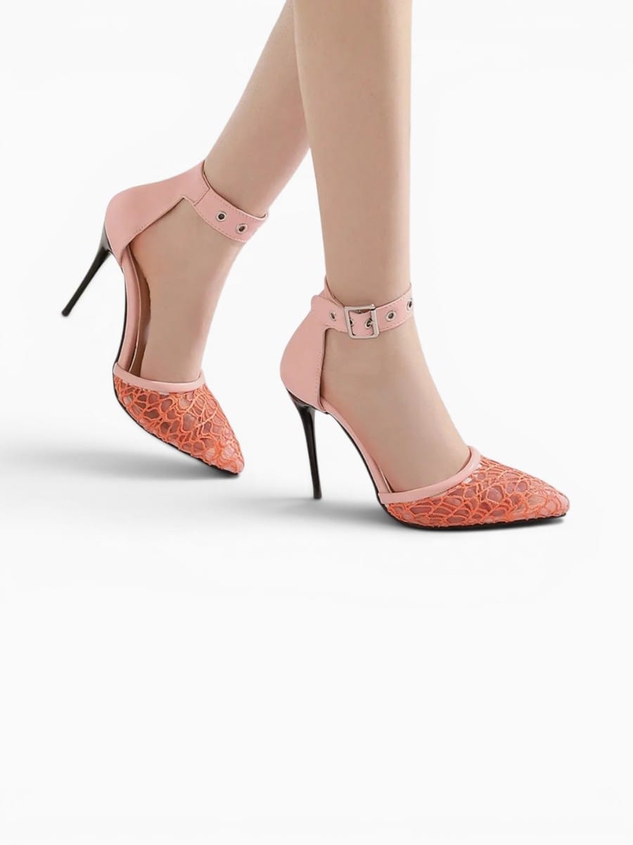 Amara Shoes Pointed Toe Lace Ankle Strap Stiletto Sandals