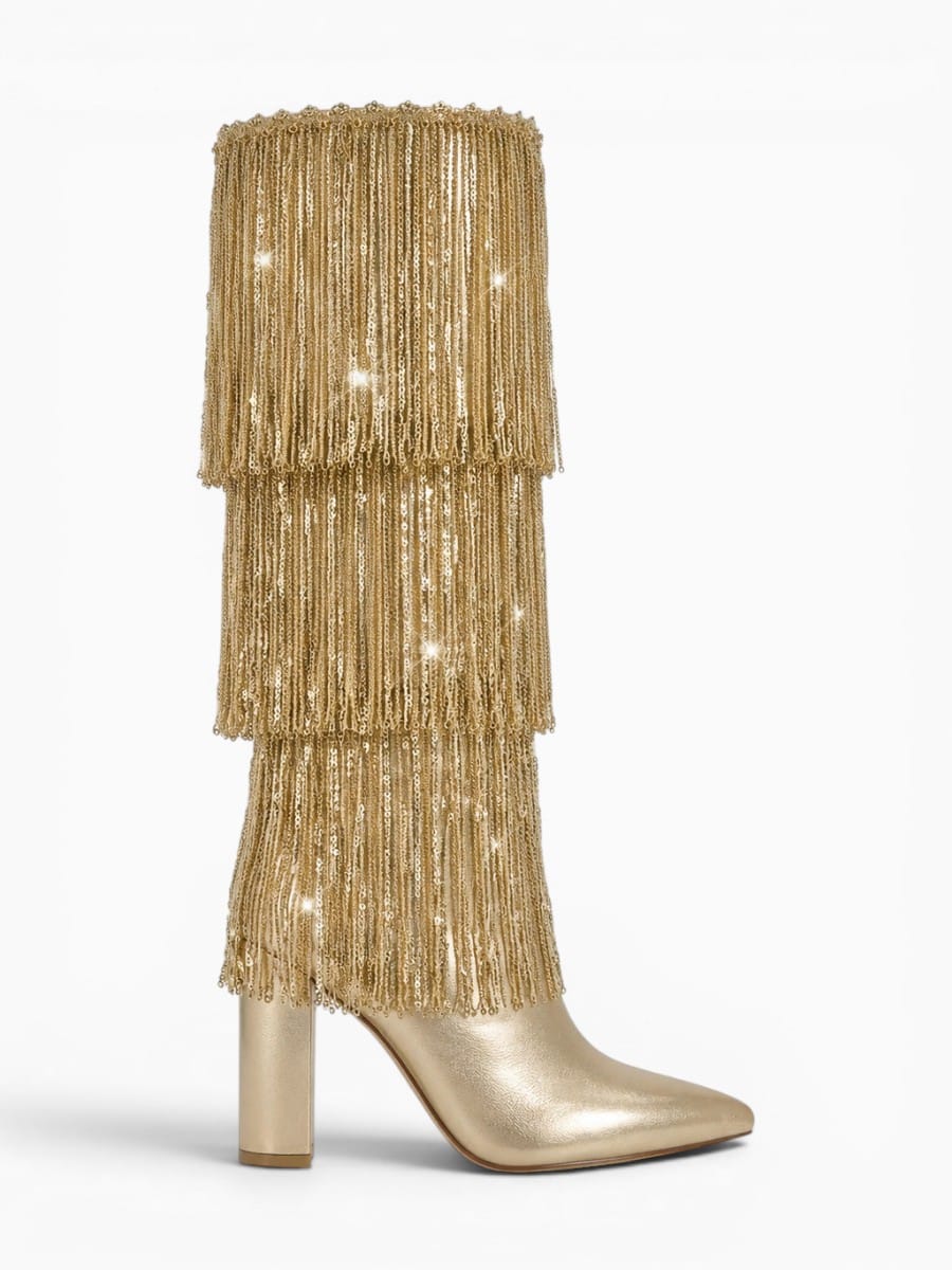 Amara Shoes Pointed Toe Metallic Fringe Knee High Heel Boots