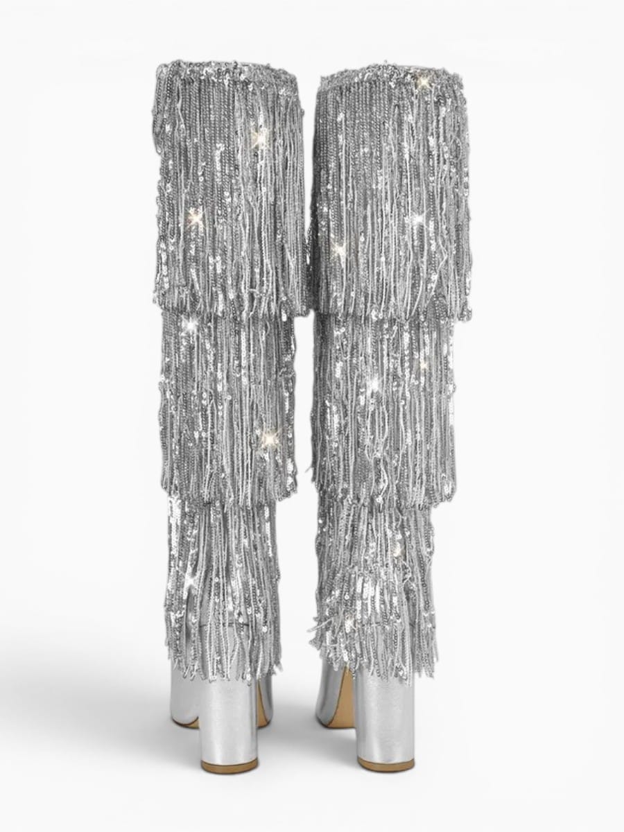 Amara Shoes Pointed Toe Metallic Fringe Knee High Heel Boots
