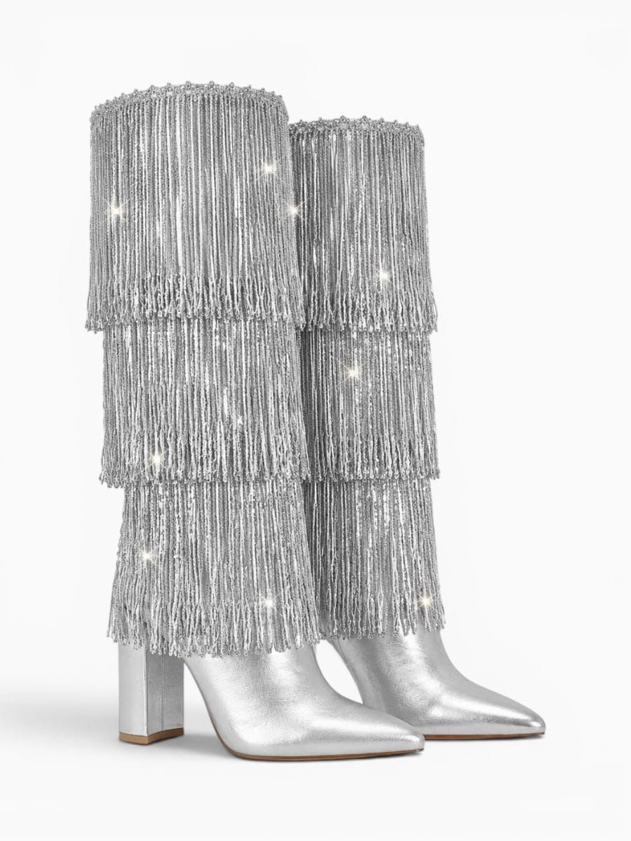 Amara Shoes Pointed Toe Metallic Fringe Knee High Heel Boots
