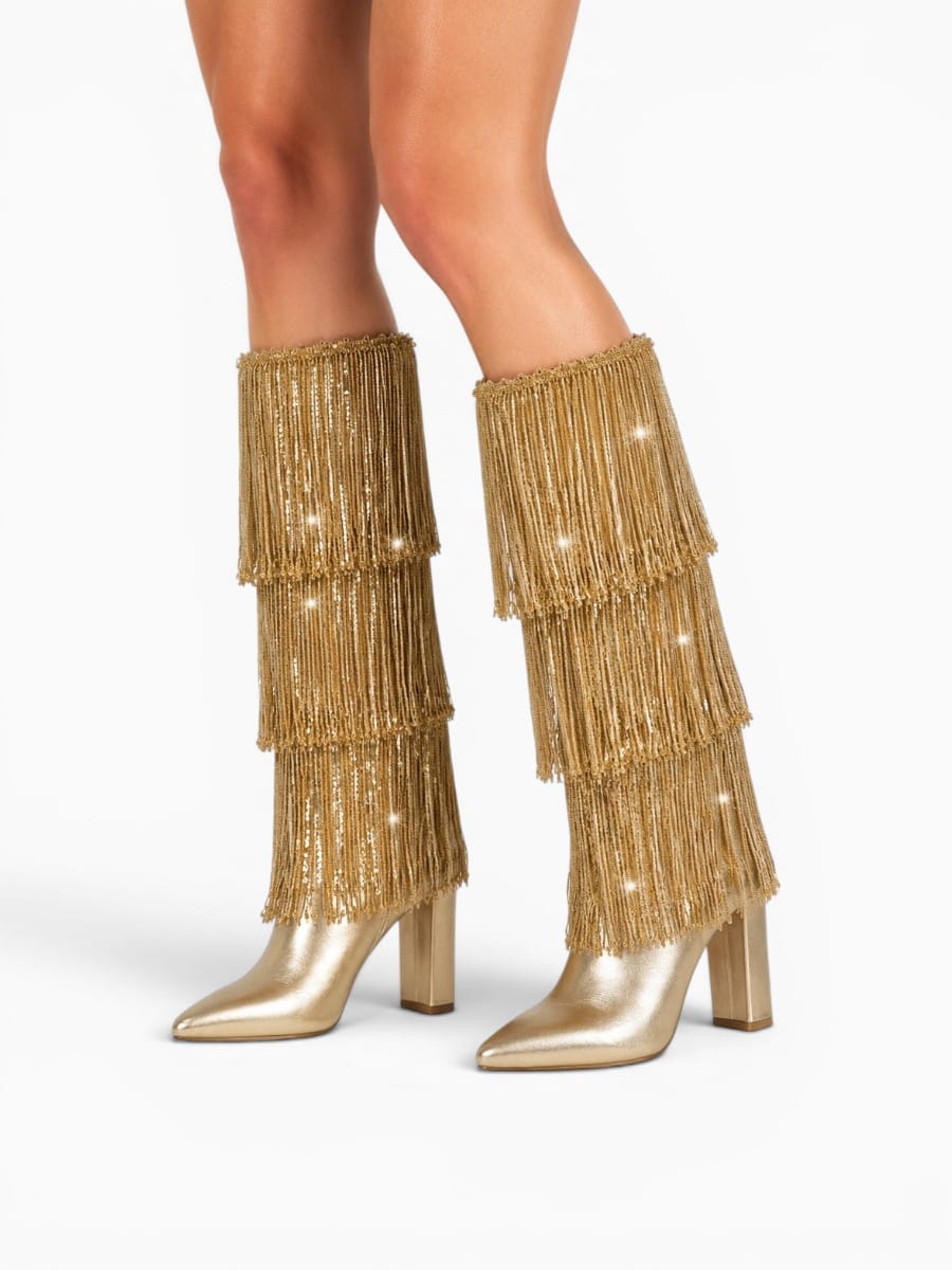 Amara Shoes Pointed Toe Metallic Fringe Knee High Heel Boots