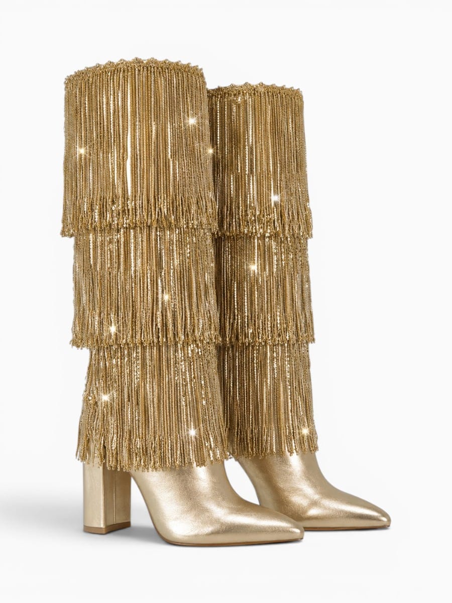 Amara Shoes Pointed Toe Metallic Fringe Knee High Heel Boots