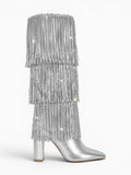 Amara Shoes Pointed Toe Metallic Fringe Knee High Heel Boots