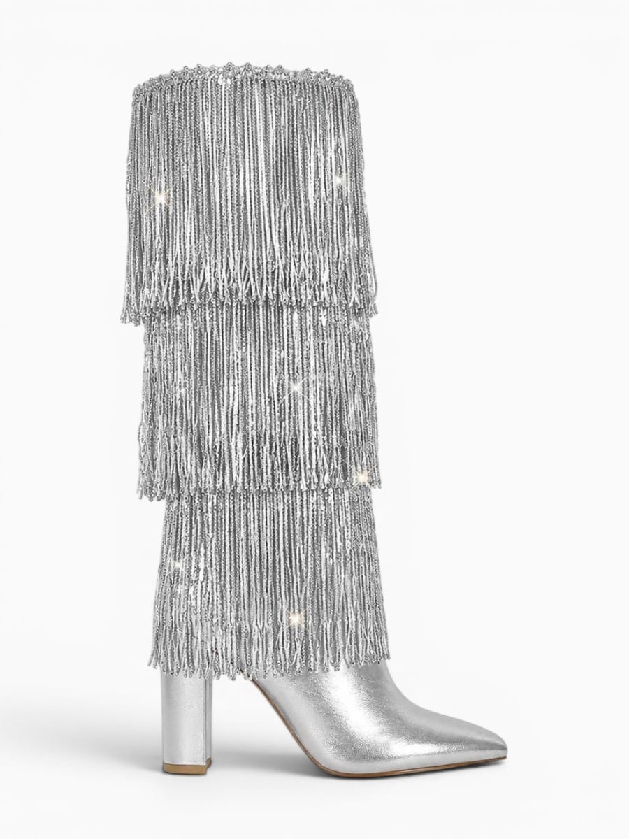 Amara Shoes Pointed Toe Metallic Fringe Knee High Heel Boots