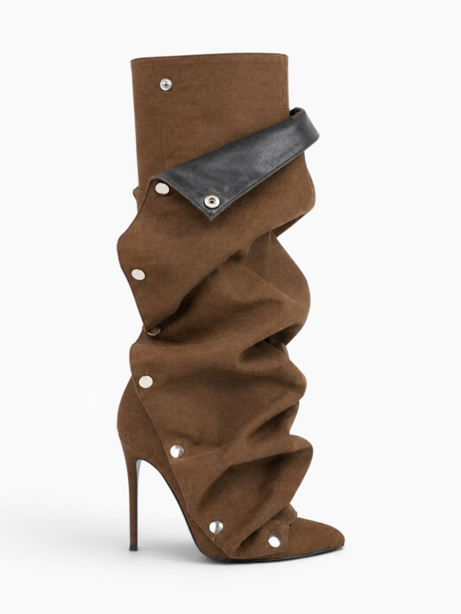 Amara Shoes Pointed Toe Pleated Knee High Stiletto Boots