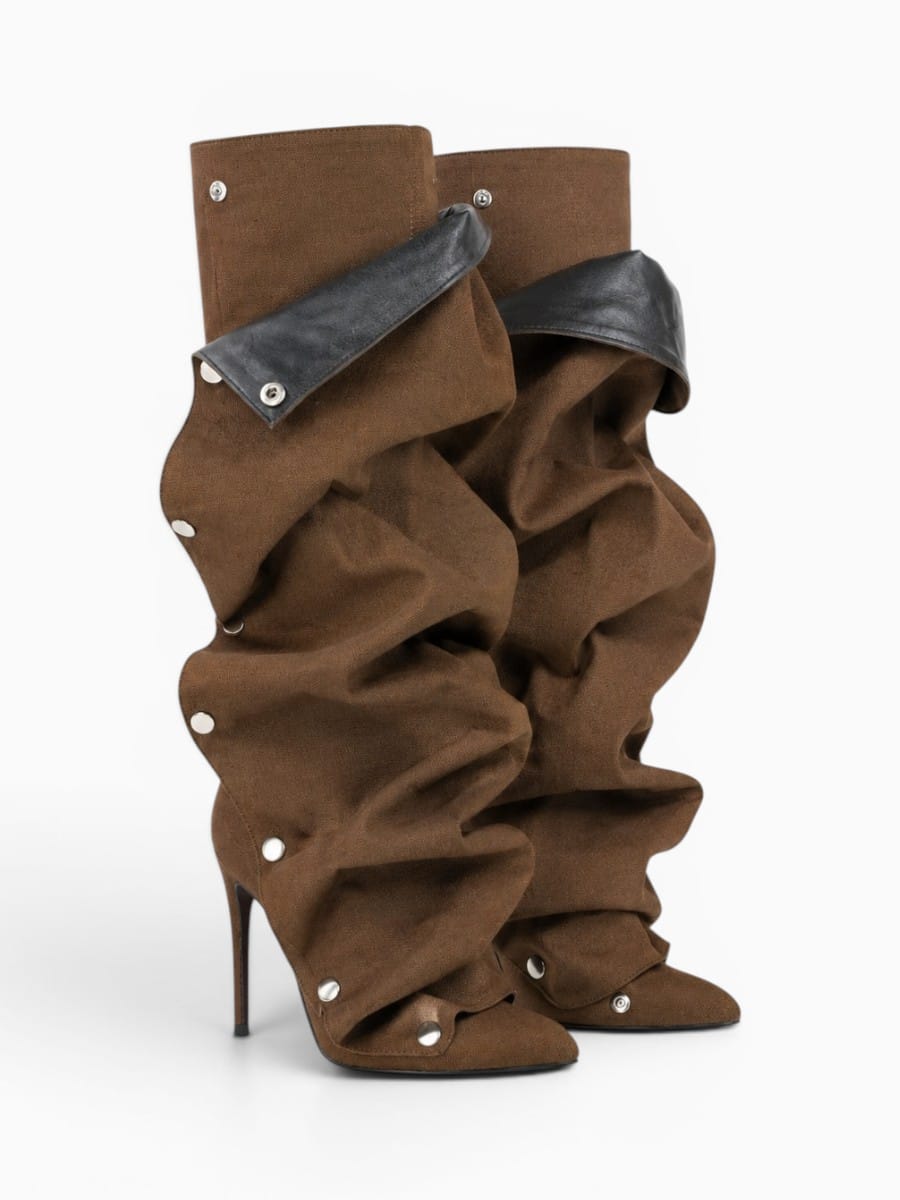 Amara Shoes Pointed Toe Pleated Knee High Stiletto Boots