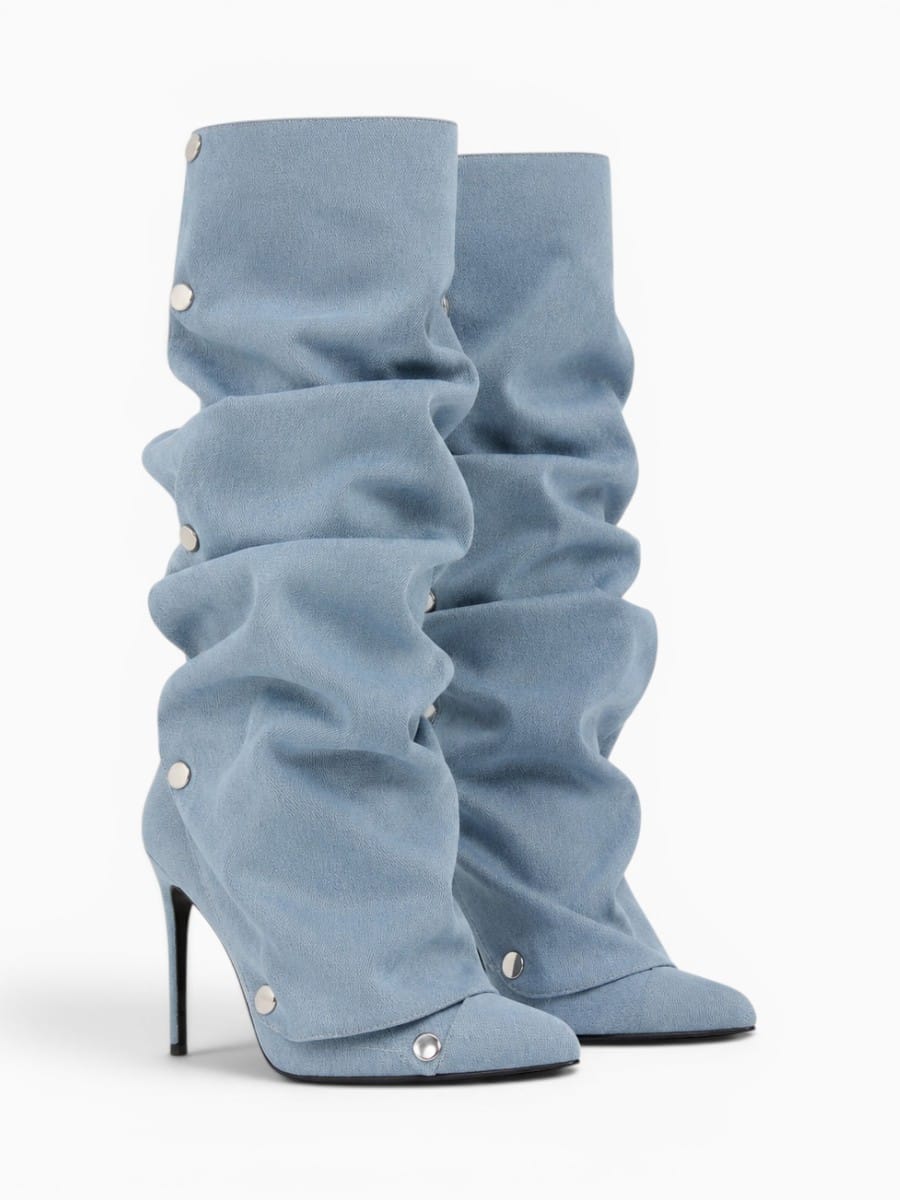 Amara Shoes Pointed Toe Pleated Knee High Stiletto Boots