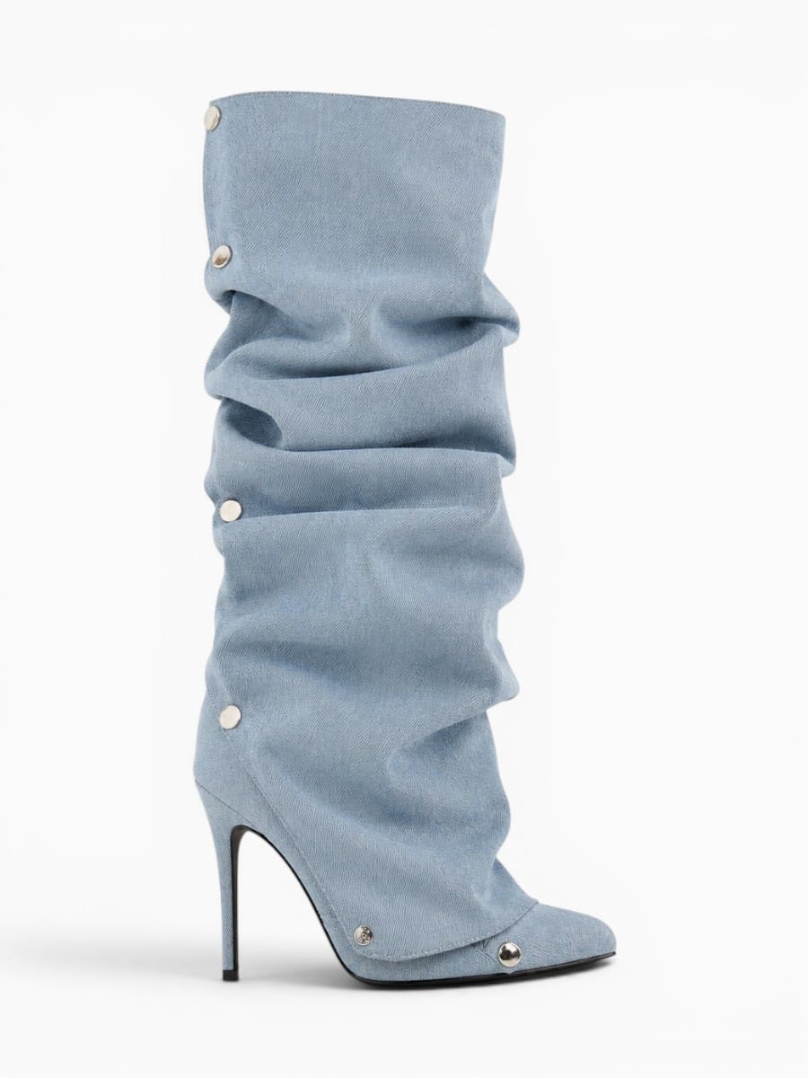 Amara Shoes Pointed Toe Pleated Knee High Stiletto Boots