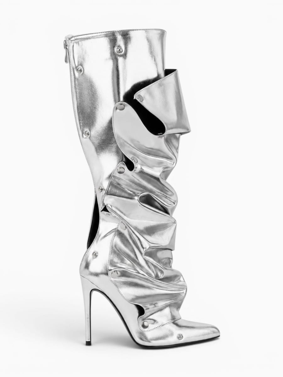Amara Shoes Pointed Toe Pleated Knee High Stiletto Boots