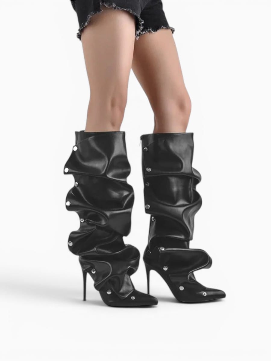 Amara Shoes Pointed Toe Pleated Knee High Stiletto Boots