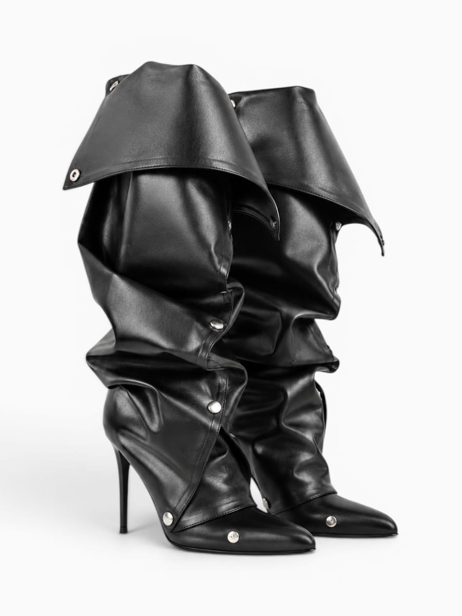 Amara Shoes Pointed Toe Pleated Knee High Stiletto Boots