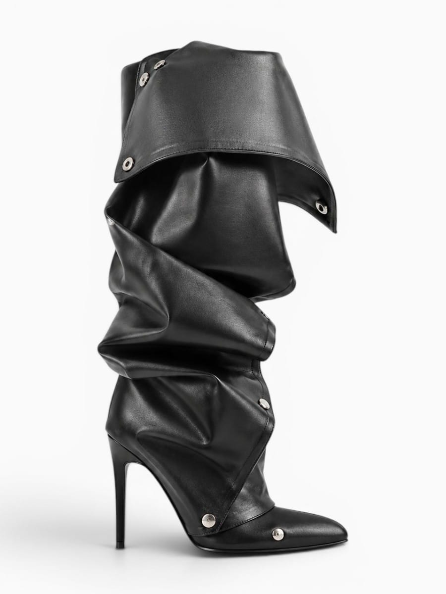 Amara Shoes Pointed Toe Pleated Knee High Stiletto Boots