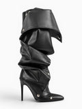 Amara Shoes Pointed Toe Pleated Knee High Stiletto Boots
