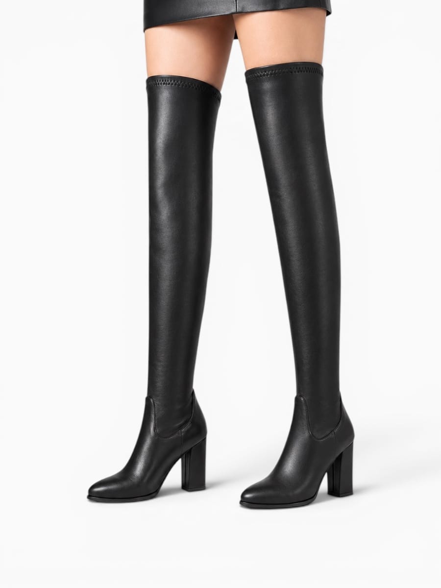 Amara Shoes Pointed-Toe Thigh-High Heeled Boots