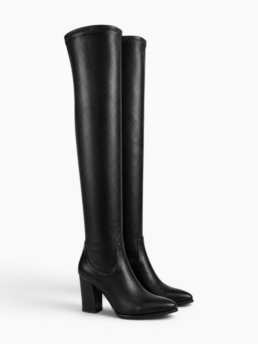 Amara Shoes Pointed-Toe Thigh-High Heeled Boots