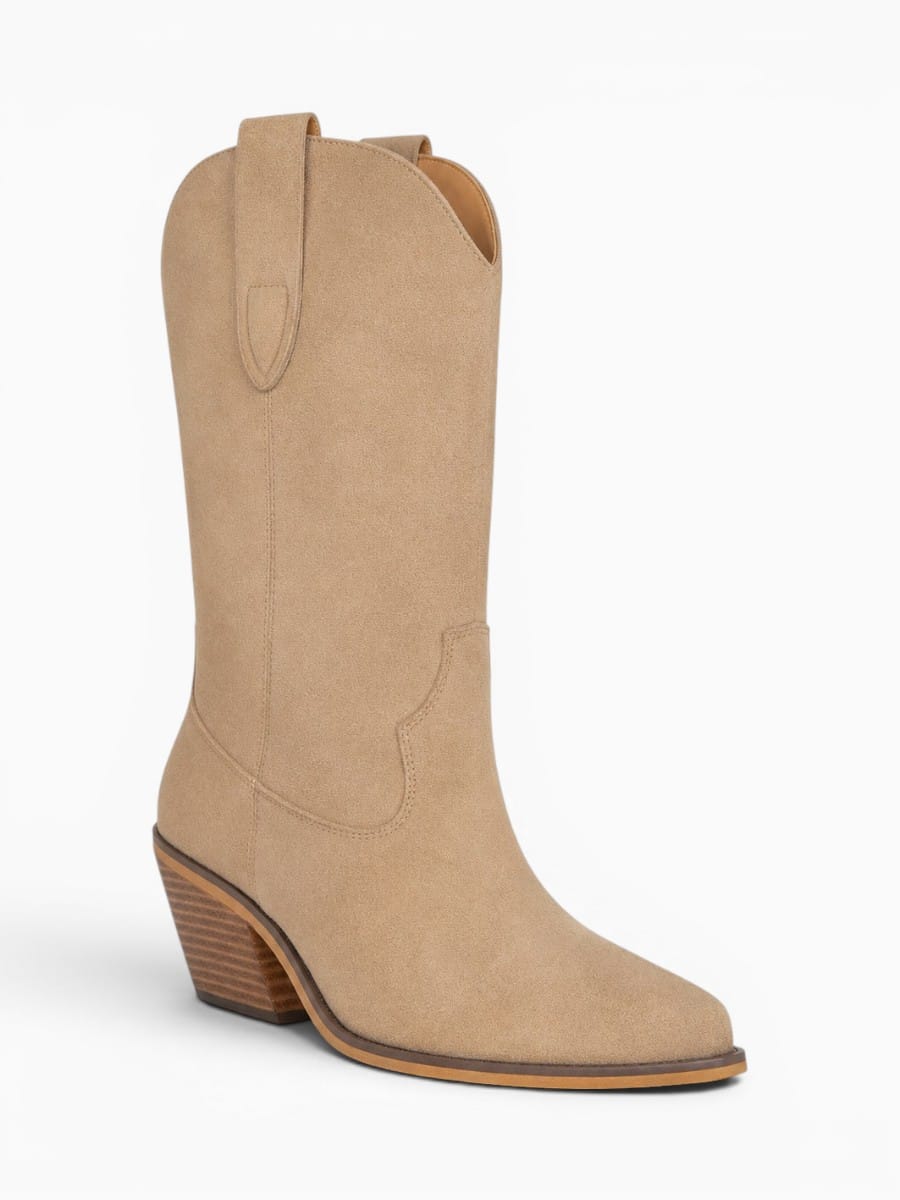 Amara Shoes Pointed Toe Western Mid Calf Chunky Heel Boots