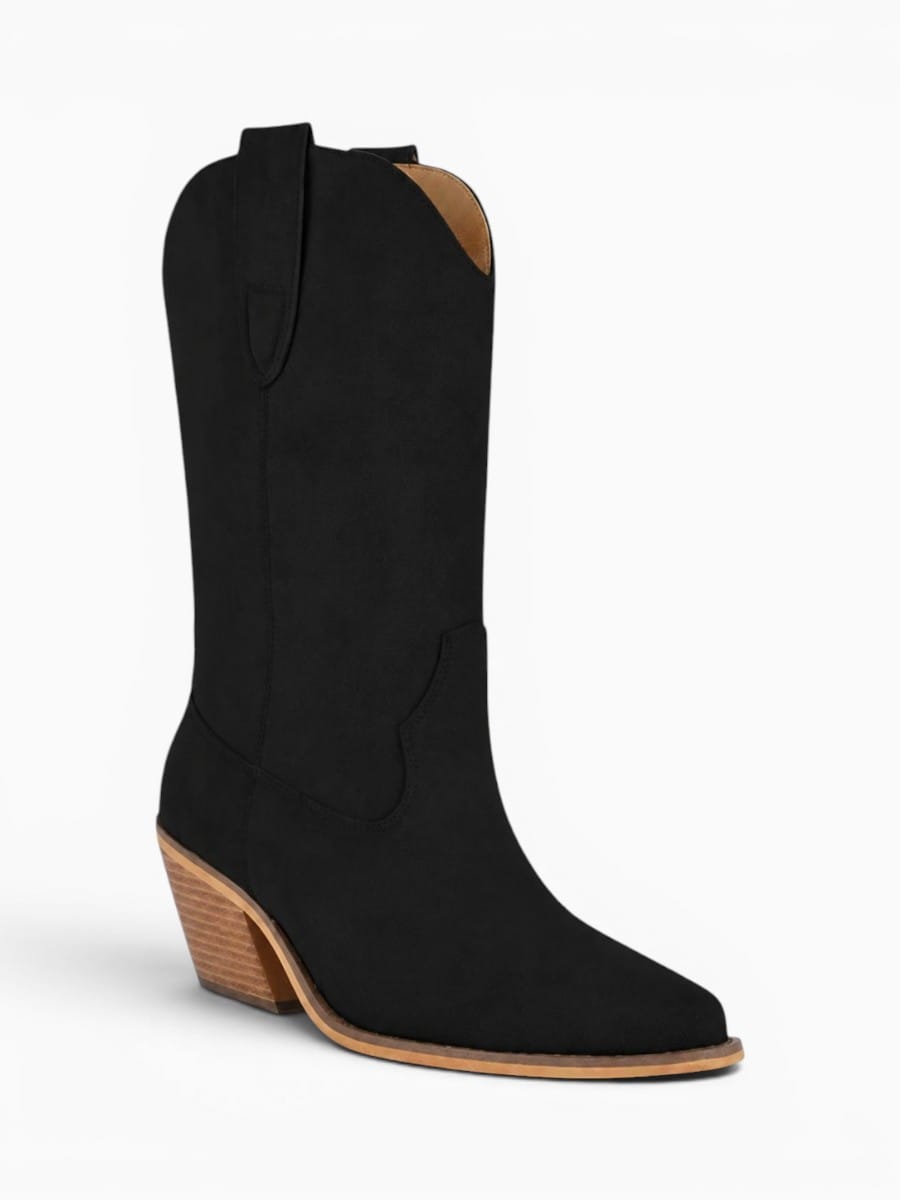 Amara Shoes Pointed Toe Western Mid Calf Chunky Heel Boots