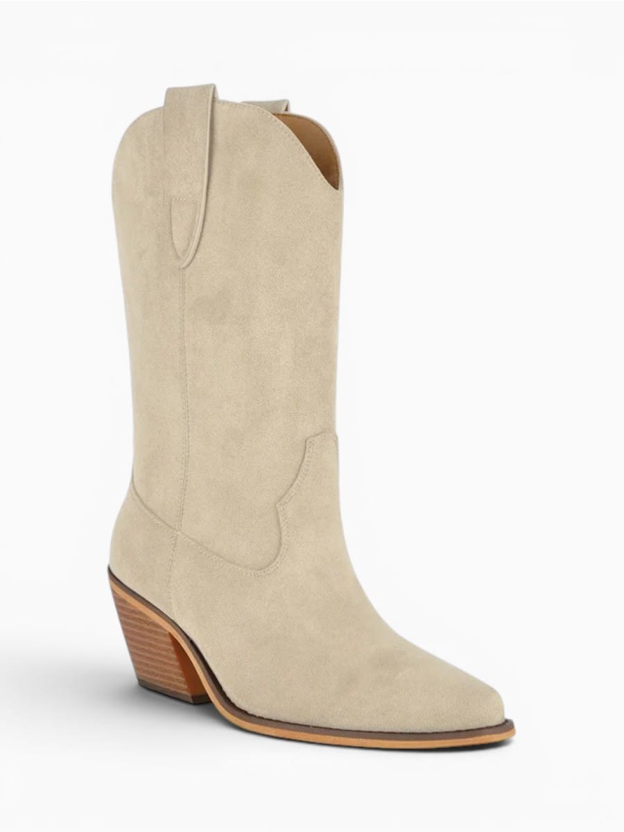 Amara Shoes Pointed Toe Western Mid Calf Chunky Heel Boots