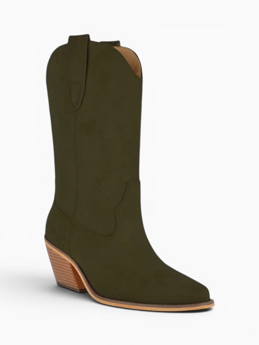 Amara Shoes Pointed Toe Western Mid Calf Chunky Heel Boots