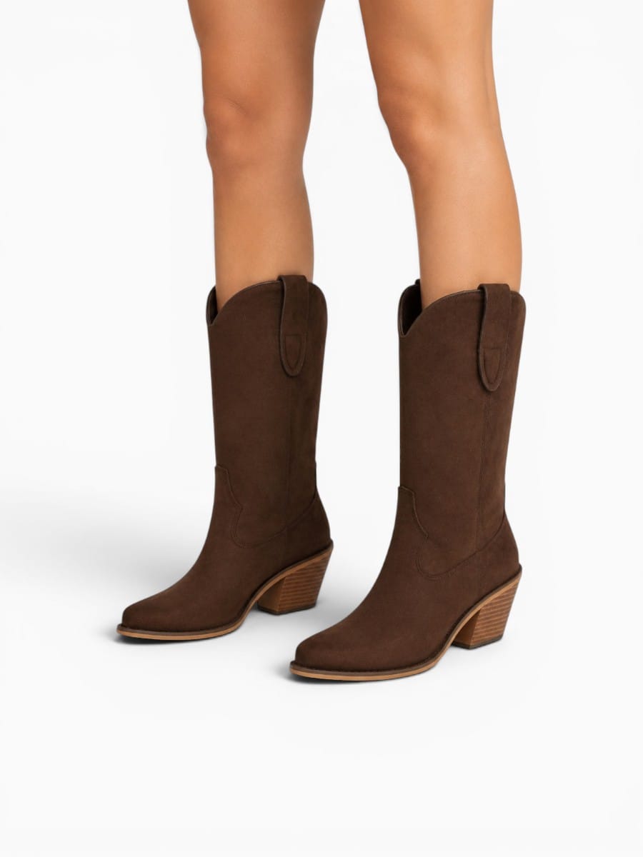 Amara Shoes Pointed Toe Western Mid Calf Chunky Heel Boots