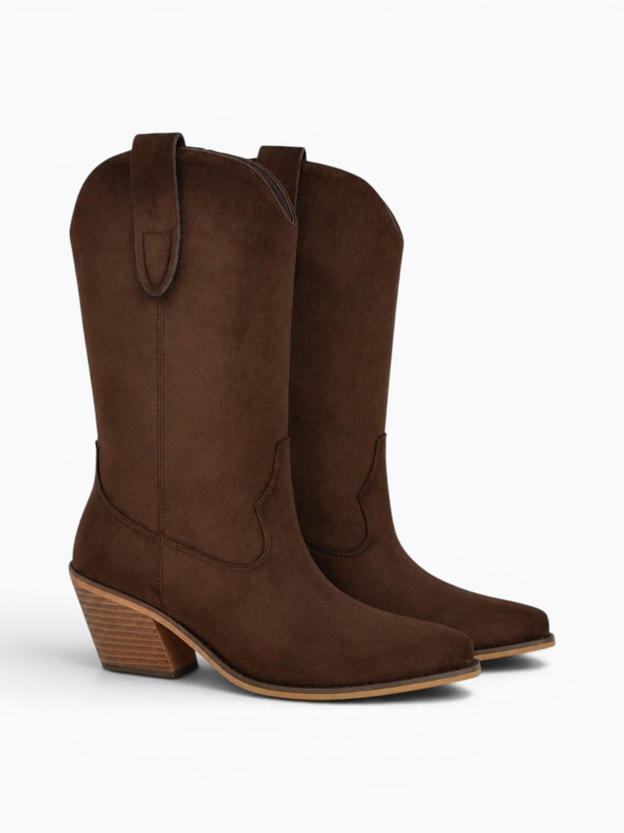 Amara Shoes Pointed Toe Western Mid Calf Chunky Heel Boots