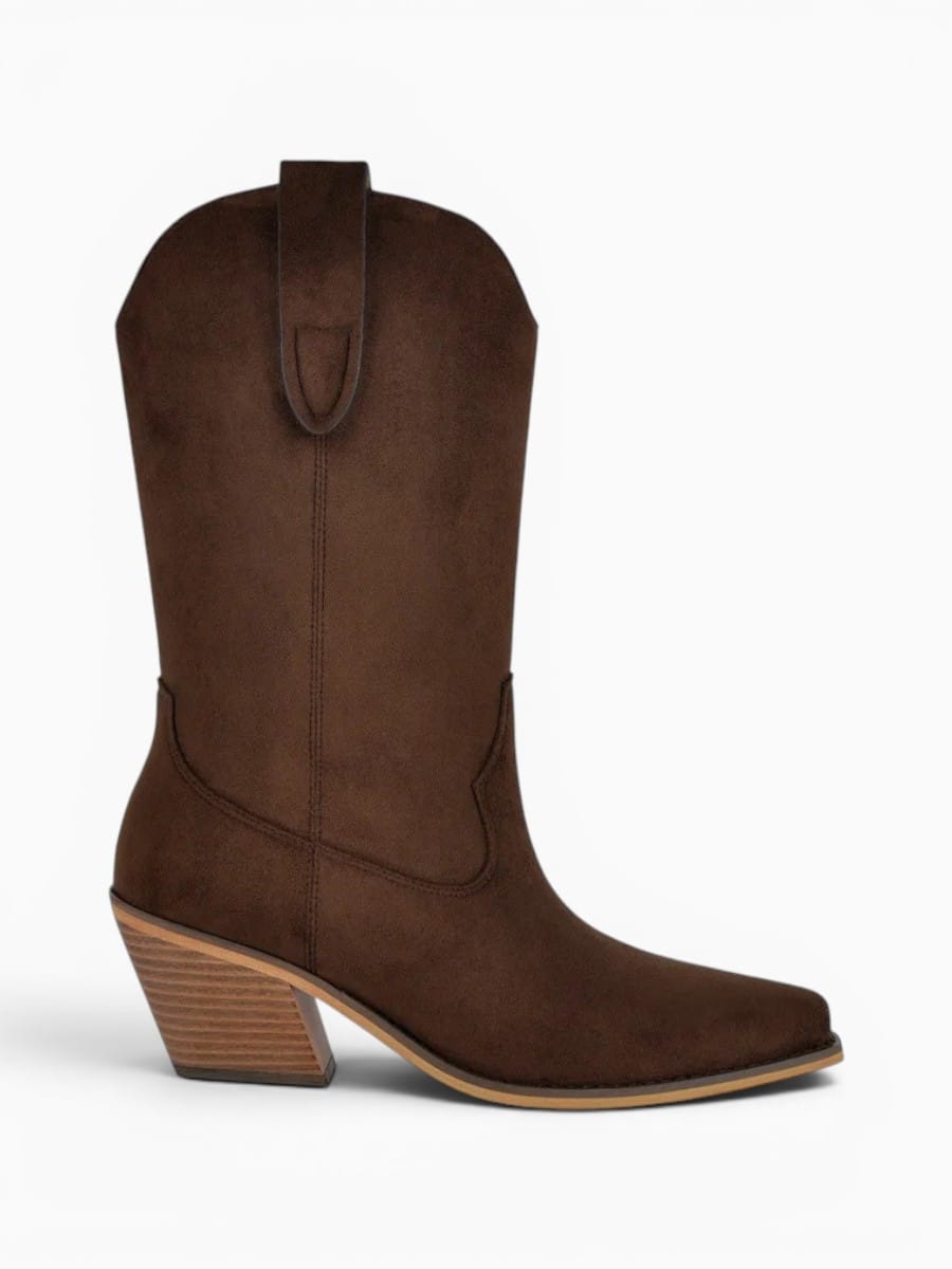 Amara Shoes Pointed Toe Western Mid Calf Chunky Heel Boots