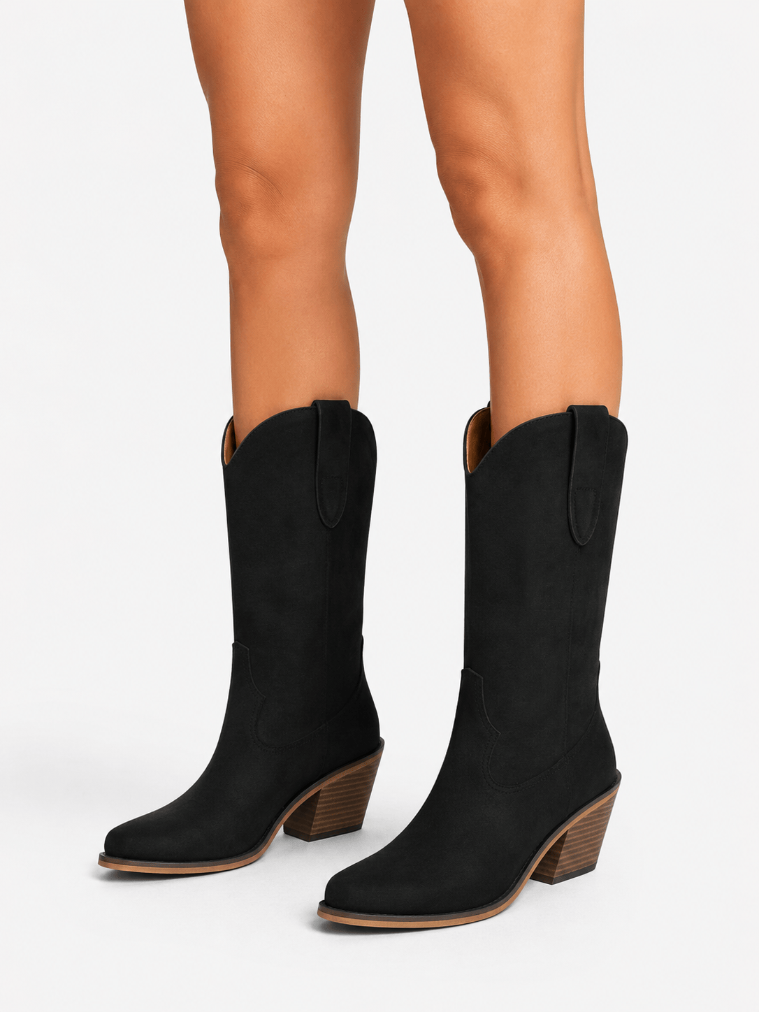 Amara Shoes Pointed Toe Western Mid Calf Chunky Heel Boots