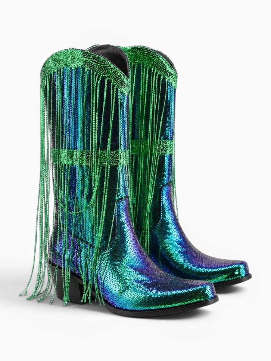 Amara Shoes Purple Sequin Fringe Cowboy Boots