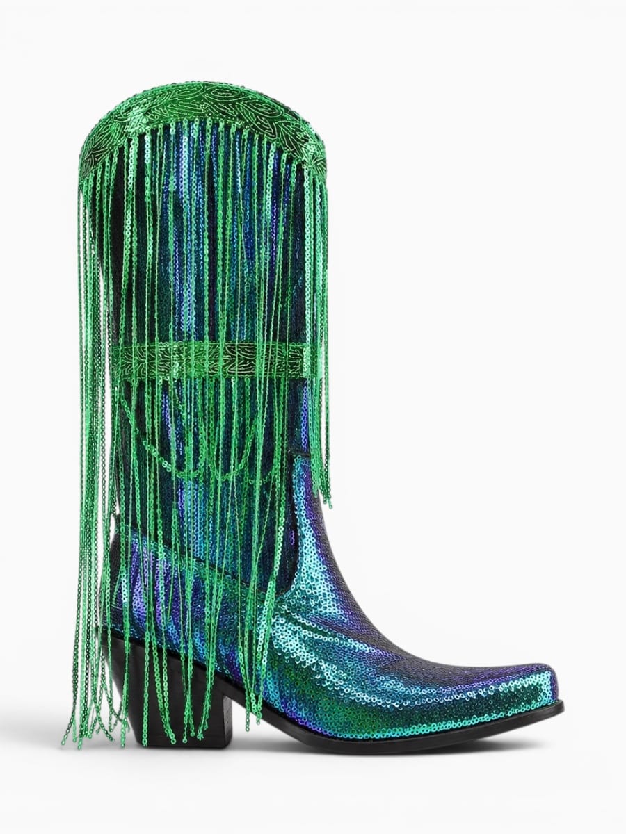 Amara Shoes Purple Sequin Fringe Cowboy Boots