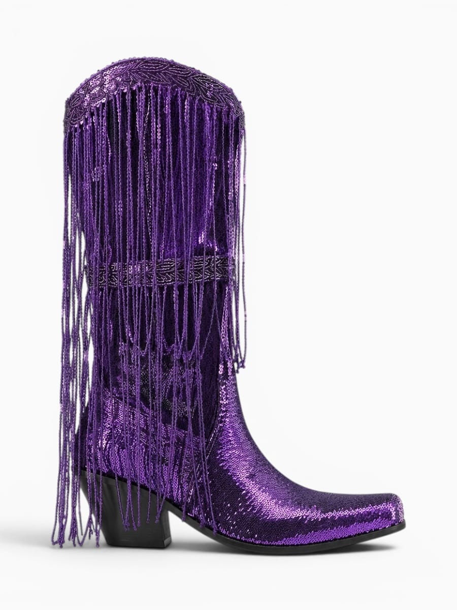 Amara Shoes Purple Sequin Fringe Cowboy Boots