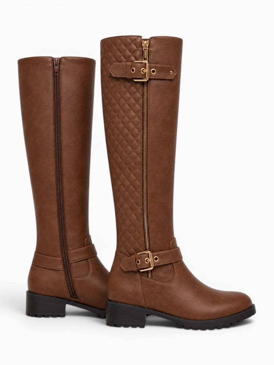 Amara Shoes Quilted Knee-High Buckle Boots
