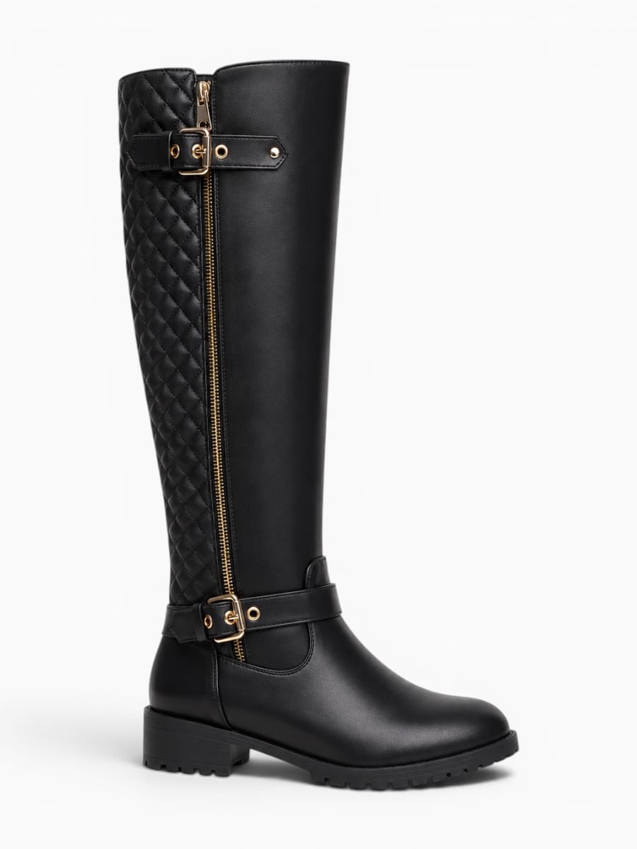 Amara Shoes Quilted Knee-High Buckle Boots