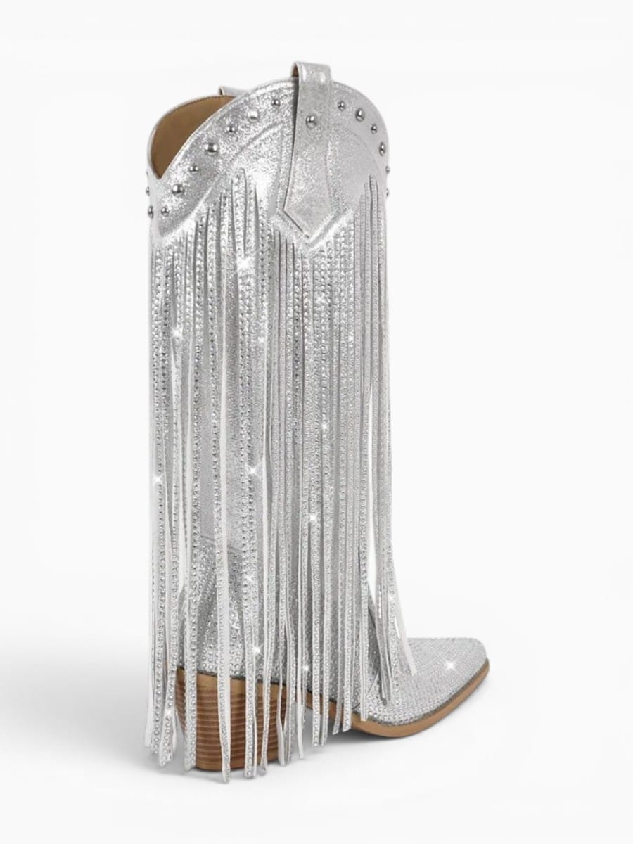 Amara Shoes Rhinestone Fringe Pull On Knee High Cowboy Boots