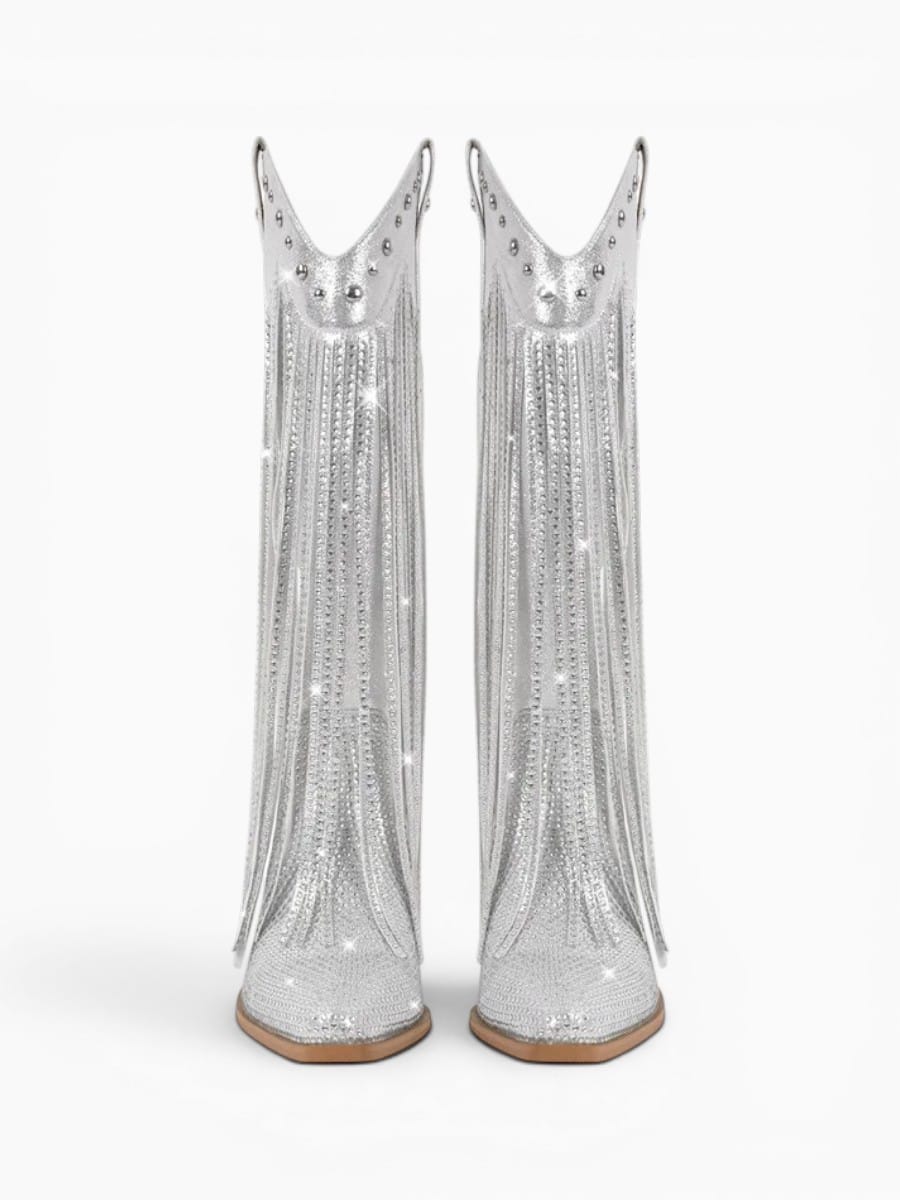 Amara Shoes Rhinestone Fringe Pull On Knee High Cowboy Boots