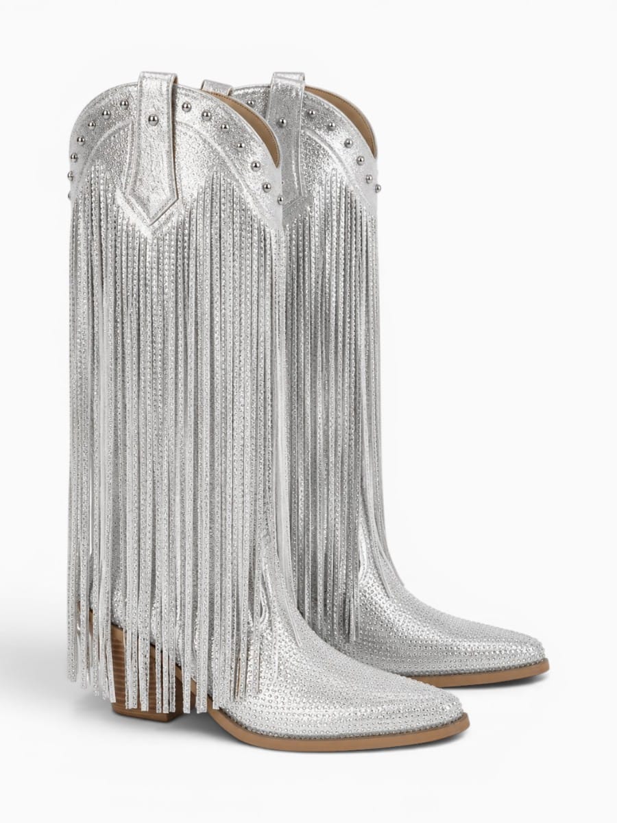 Amara Shoes Rhinestone Fringe Pull On Knee High Cowboy Boots