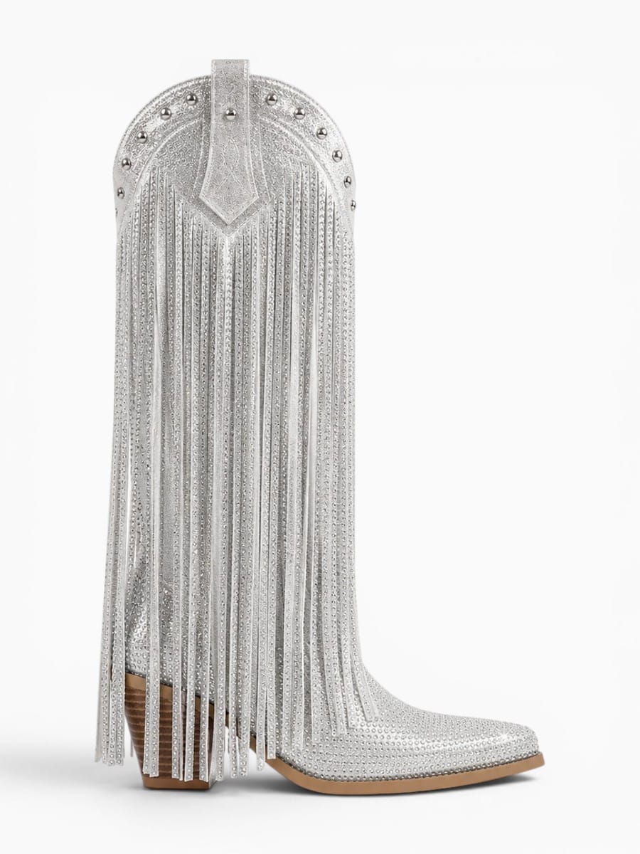 Amara Shoes Rhinestone Fringe Pull On Knee High Cowboy Boots