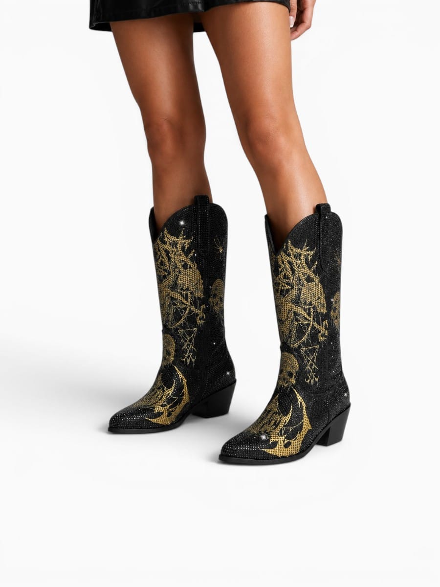 Amara Shoes Rhinestone Gothic Pattern Mid Calf Western Boots