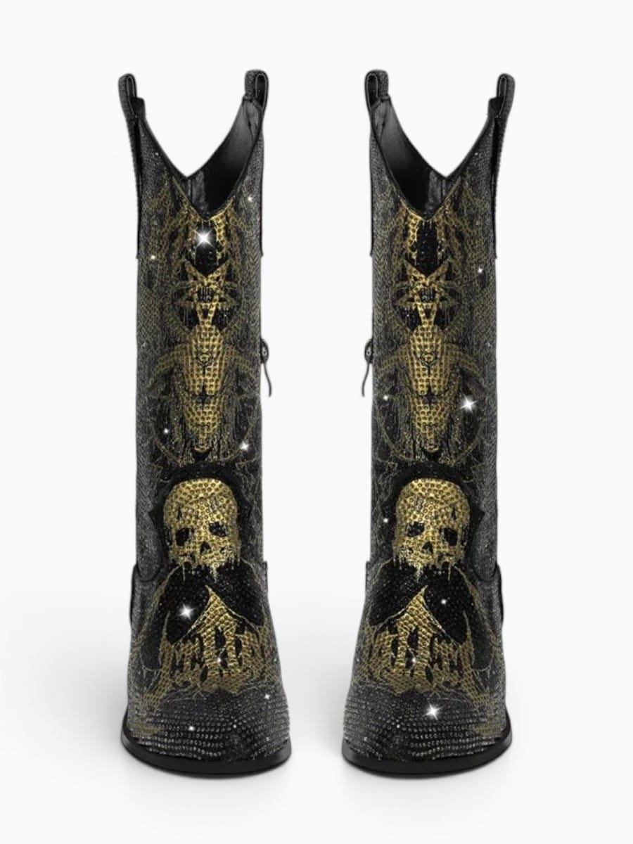 Amara Shoes Rhinestone Gothic Pattern Mid Calf Western Boots