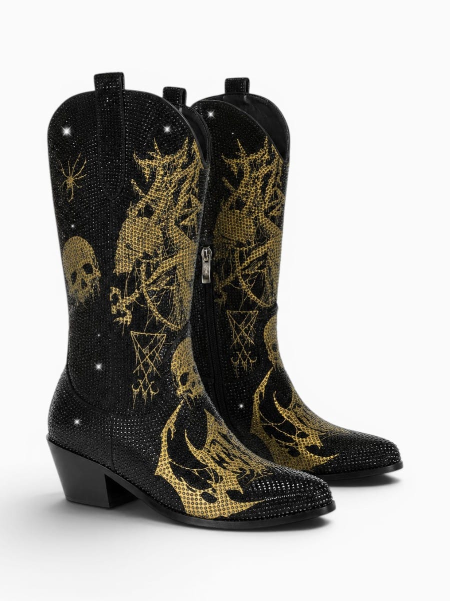 Amara Shoes Rhinestone Gothic Pattern Mid Calf Western Boots