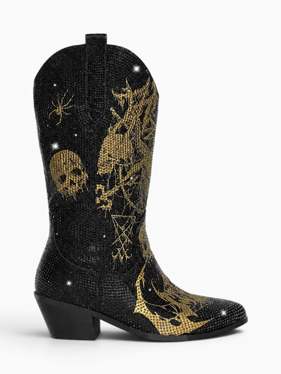 Amara Shoes Rhinestone Gothic Pattern Mid Calf Western Boots