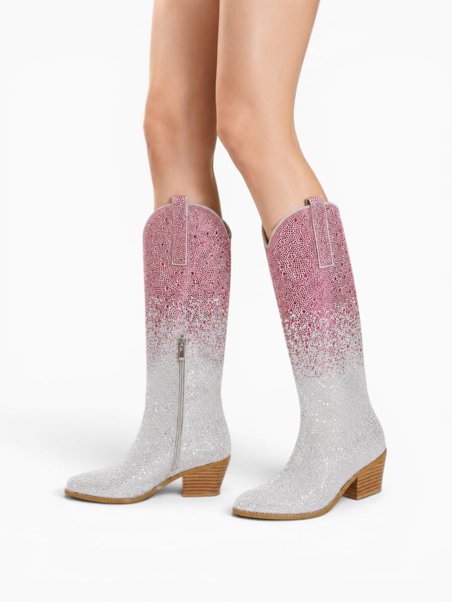 Amara Shoes Rhinestone Gradient Knee High Western Cowboy Boots