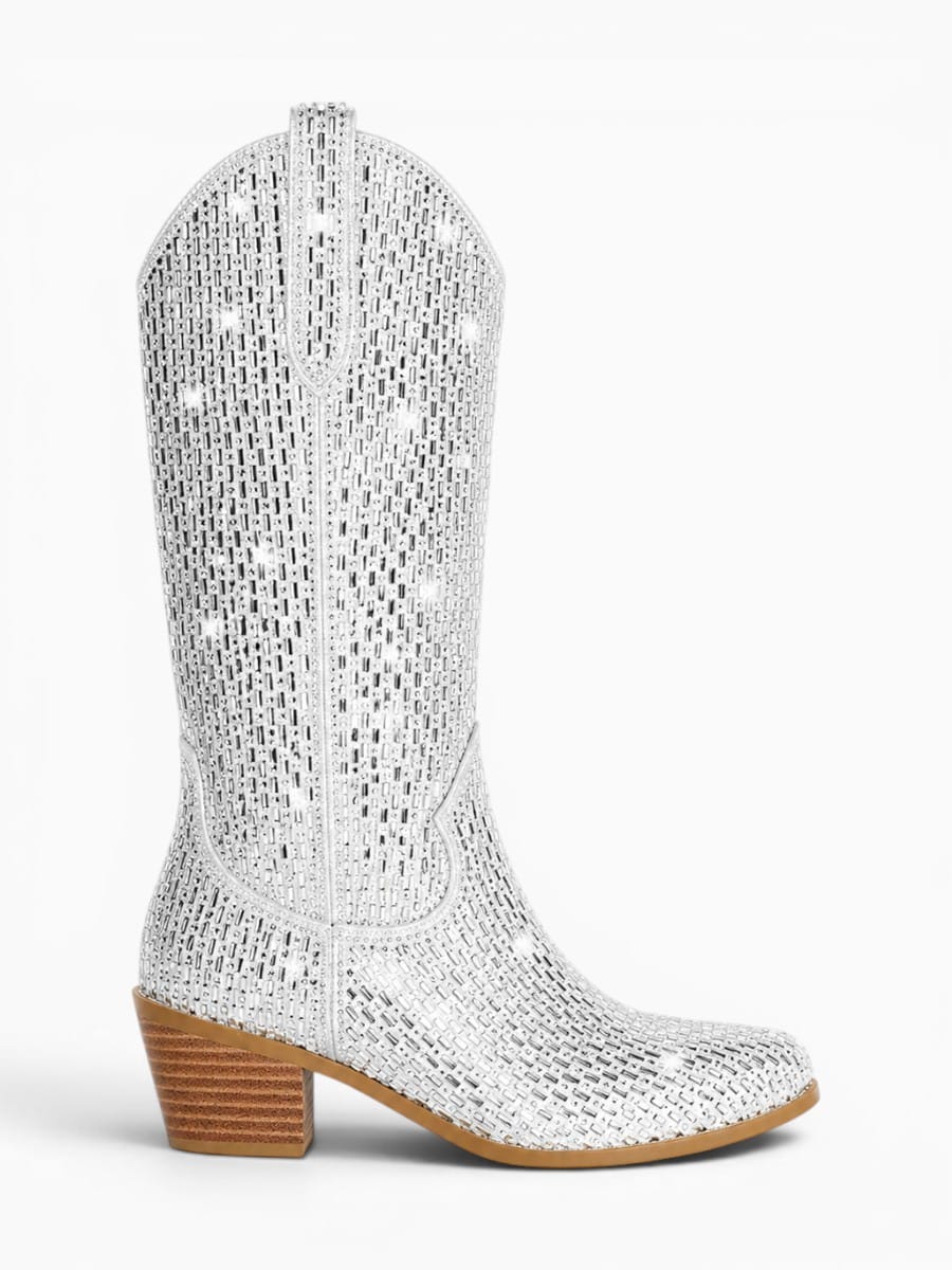 Amara Shoes Rhinestone Pointed Toe Knee High Cowboy Boots