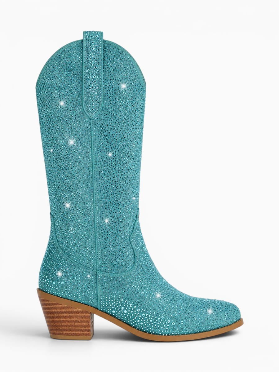 Amara Shoes Rhinestone Pointed Toe Knee High Cowboy Boots