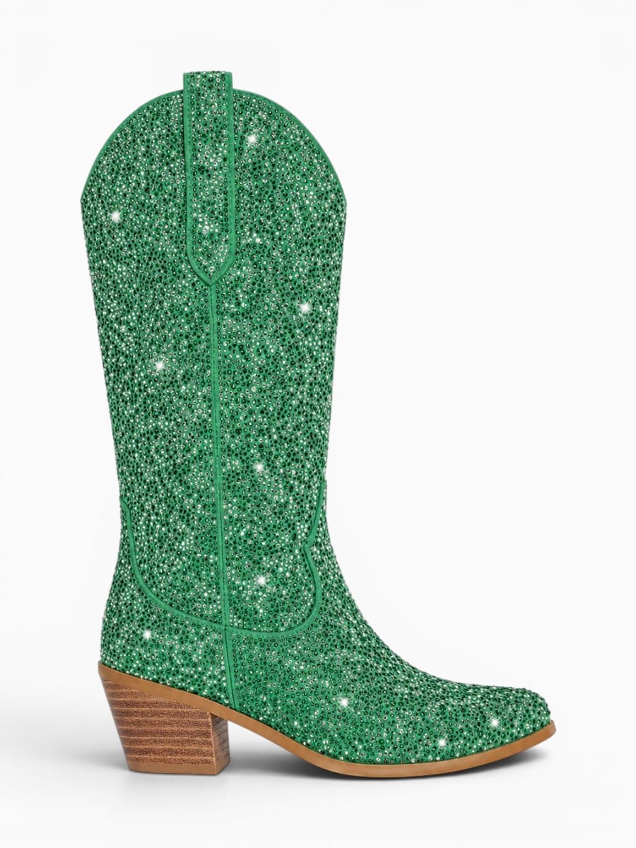 Amara Shoes Rhinestone Pointed Toe Knee High Cowboy Boots